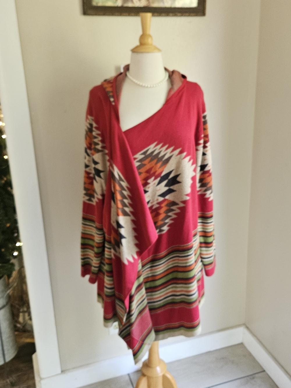 Tasha Polizzi Red Southwest Aztec Hooded Drape Cardigan L